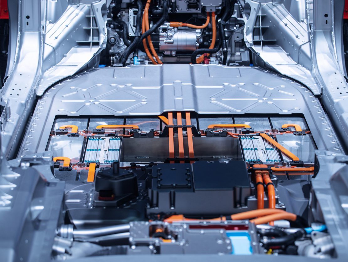 Chassis of the electric car with powertrain and power connections